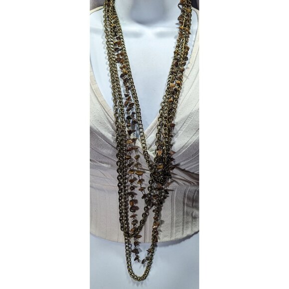 Multilayer Tiger Eye Chip Antiqued Gold Tone Chain Necklace - Picture 2 of 8